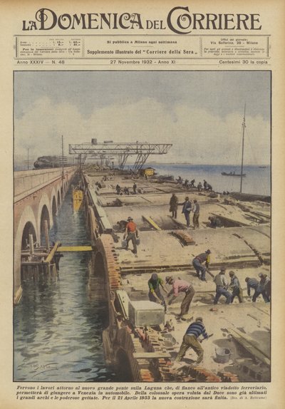 De werkzaamheden rond de nieuwe grote brug over de Lagune, naast het oude viaduct door Achille Beltrame